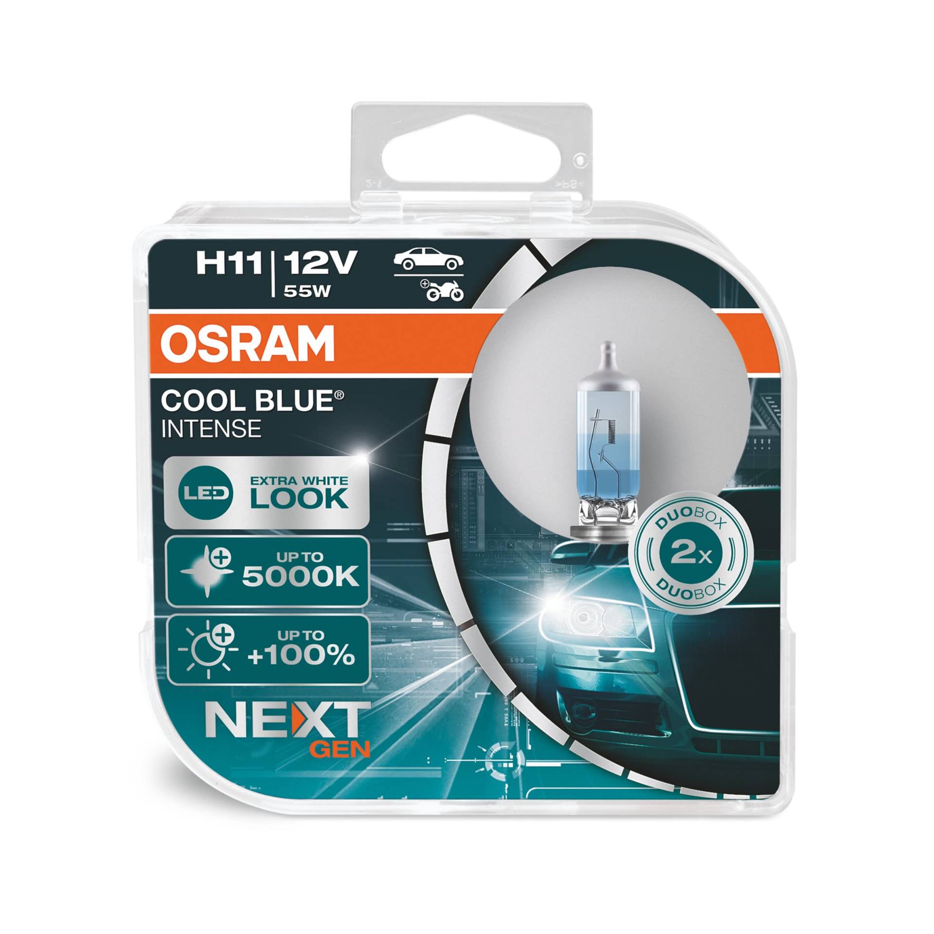Osram 64211CBN-HCB Cool Intense H11, 100 Prozent mehr Helligkeit, bis zu 5.000K, Halogen-Scheinwerferlampe, LED-Look, Duo Box (2 Lampen), Blau von Osram