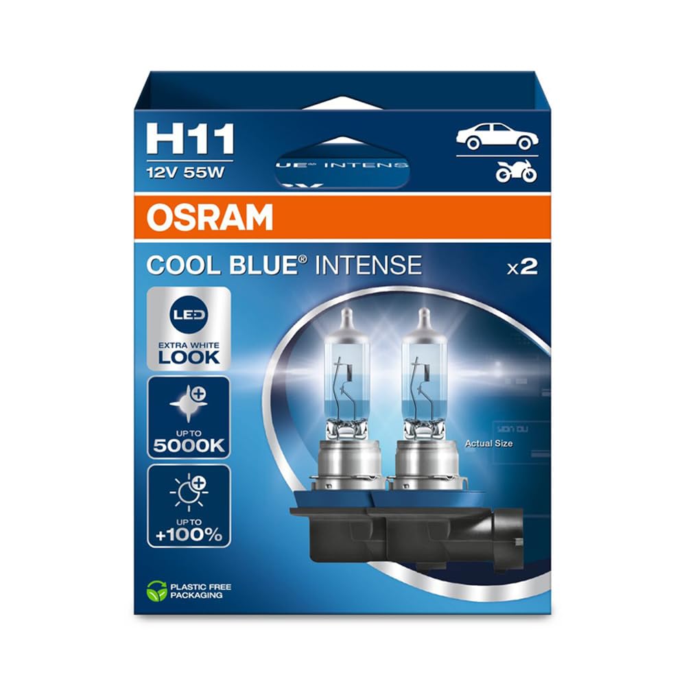 OSRAM COOL BLUE® INTENSE H11, +100% mehr Helligkeit, bis zu 5.000K, Halogen-Scheinwerferlampe, LED-Look, Hängebox (2 Lampen) von Osram