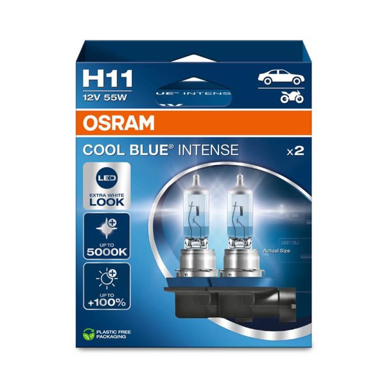 Osram COOL BLUE® INTENSE H11, +100% more brightness, up to 5,000K, halogen headlight lamp, LED look, Hanging folding box (2 lamps) von Osram