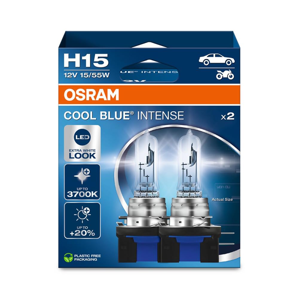 OSRAM COOL BLUE® INTENSE H15, +20% mehr Helligkeit, bis zu 3.700K, Halogen-Scheinwerferlampe, LED-Look, Hängebox (2 Lampen) von Osram