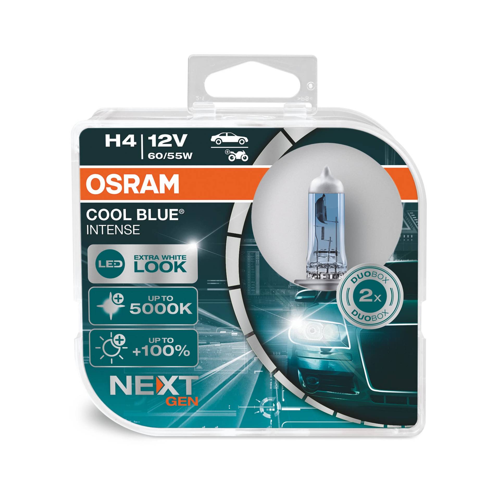 Osram COOL BLUE INTENSE H4, +100% mehr Helligkeit, bis zu 5.000K, Halogen-Scheinwerferlampe, LED-Look, Duo Box (2 Lampen) von Osram