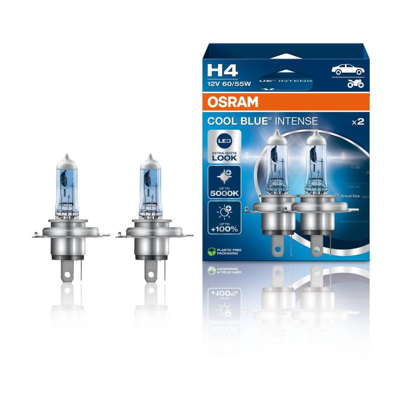 Osram COOL BLUE INTENSE H4, +100% mehr Helligkeit, bis zu 5.000K, Halogen-Scheinwerferlampe, LED-Look, Duo Box (2 Lampen) von Osram