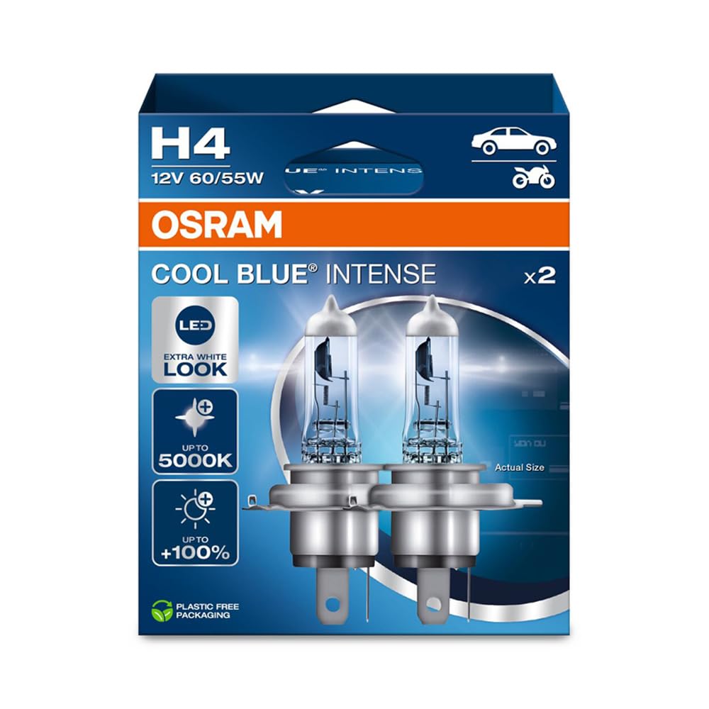 OSRAM COOL BLUE® INTENSE H4, +100% mehr Helligkeit, bis zu 5.000K, Halogen-Scheinwerferlampe, LED-Look, Hängebox (2 Lampen) von Osram