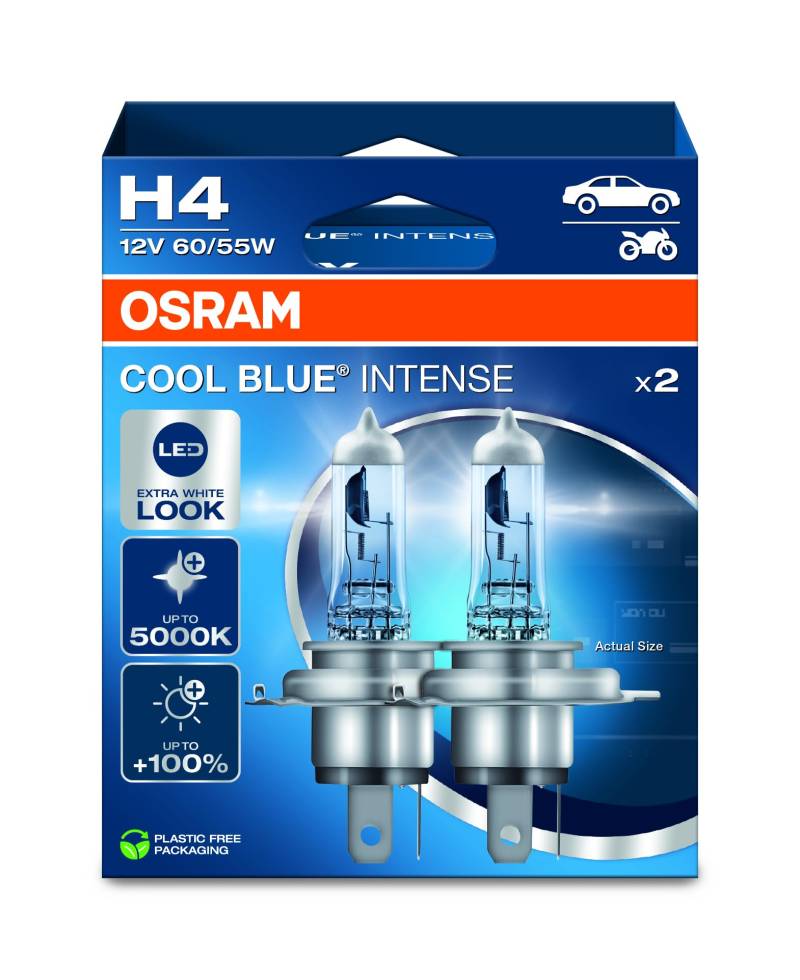 Osram COOL BLUE® INTENSE H4, +100% more brightness, up to 5,000K, halogen headlight lamp, LED look, Hanging folding box (2 lamps) von Osram