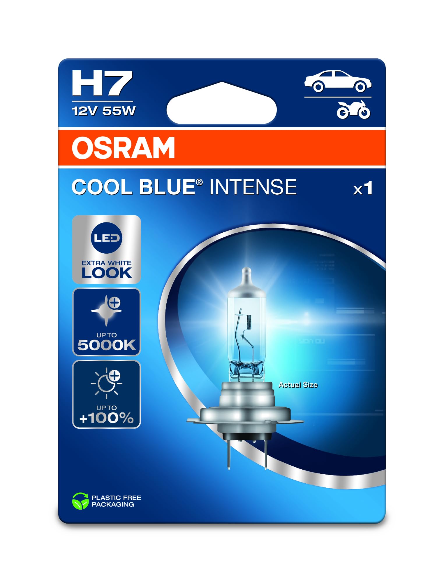 OSRAM COOL BLUE® INTENSE H7, +100% mehr Helligkeit, bis zu 5.000K, Halogen-Scheinwerferlampe, LED-Look, Einzelblister (1 Lampe) von Osram