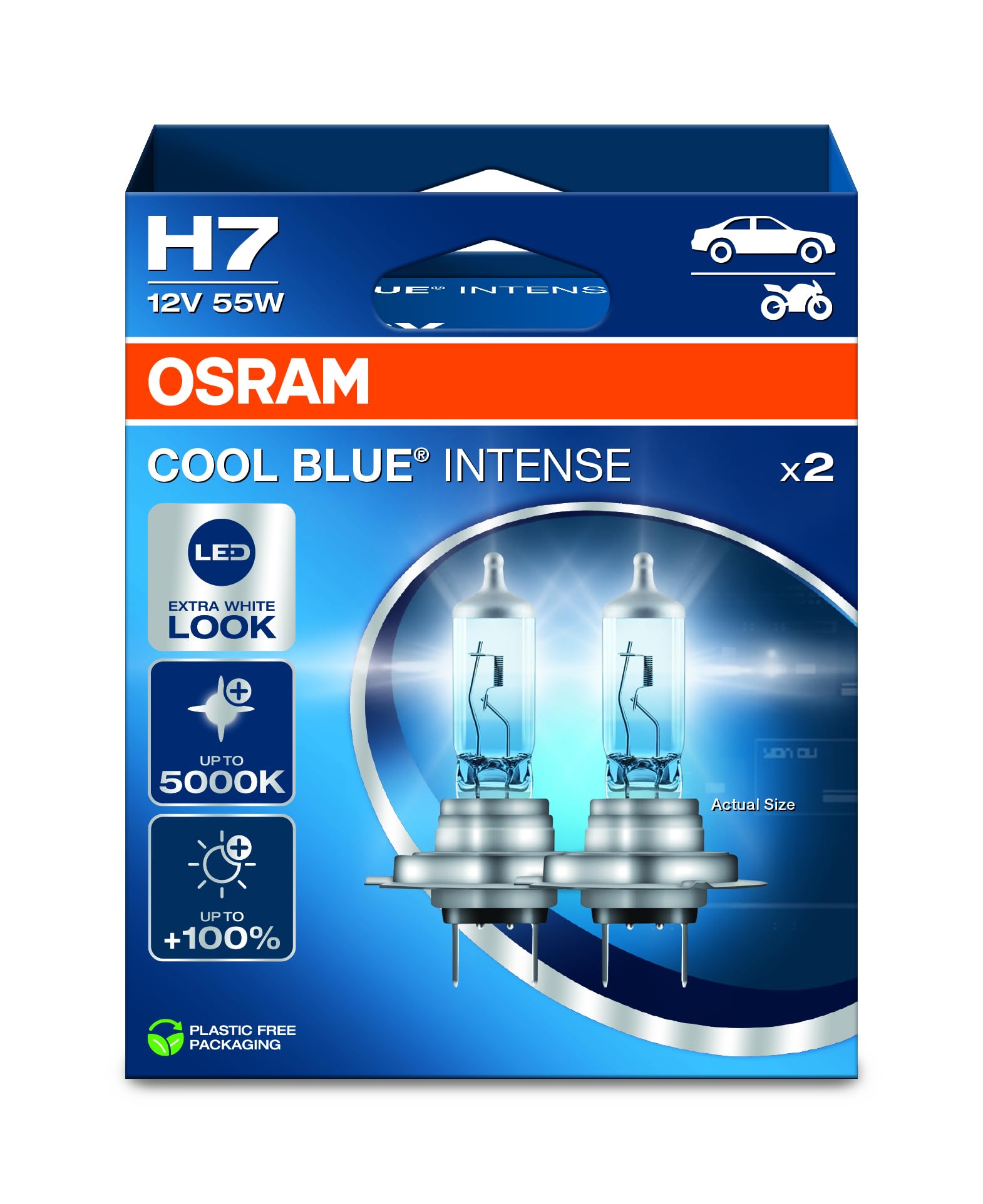 Osram COOL BLUE® INTENSE H7, +100% more brightness, up to 5,000K, halogen headlight lamp, LED look, Hanging folding box (2 lamps) von Osram