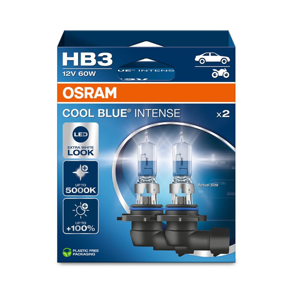 OSRAM COOL BLUE® INTENSE HB3, +100% mehr Helligkeit, bis zu 5.000K, Halogen-Scheinwerferlampe, LED-Look, Hängebox (2 Lampen) von Osram