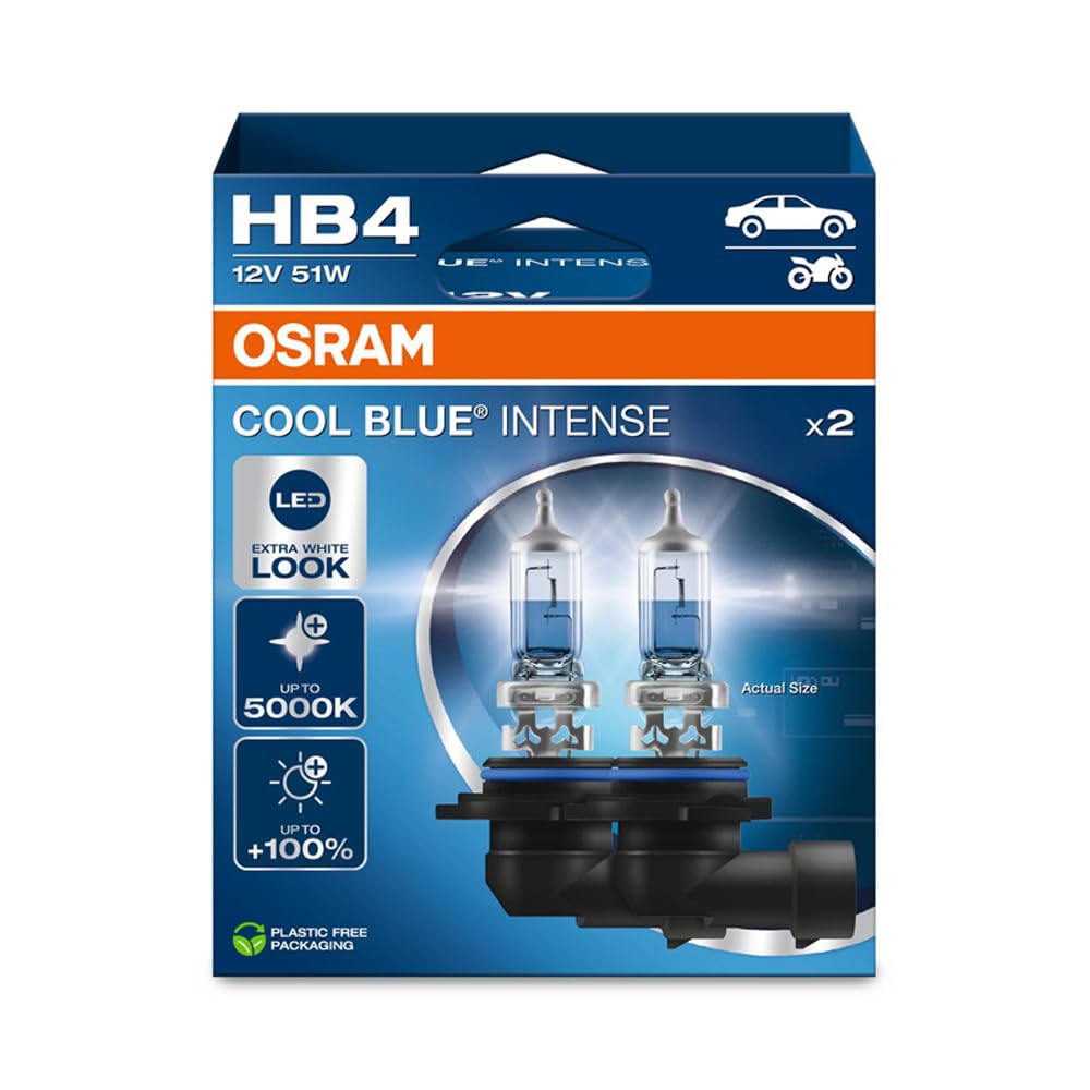 Osram COOL BLUE® INTENSE HB4, +100% more brightness, up to 5,000K, halogen headlight lamp, LED look, Hanging folding box (2 lamps) von Osram