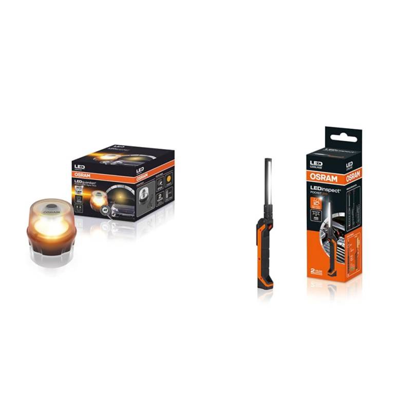 OSRAM LEDguardian® Road Flare Signal TA20, LEDSL104 & LEDIL408 LEDinspect POCKET200, schlanke Inspektionsleuchte, 6500K, wiederaufladbare LED Arbeitsleuchte, magnetisch, biegsam von Osram