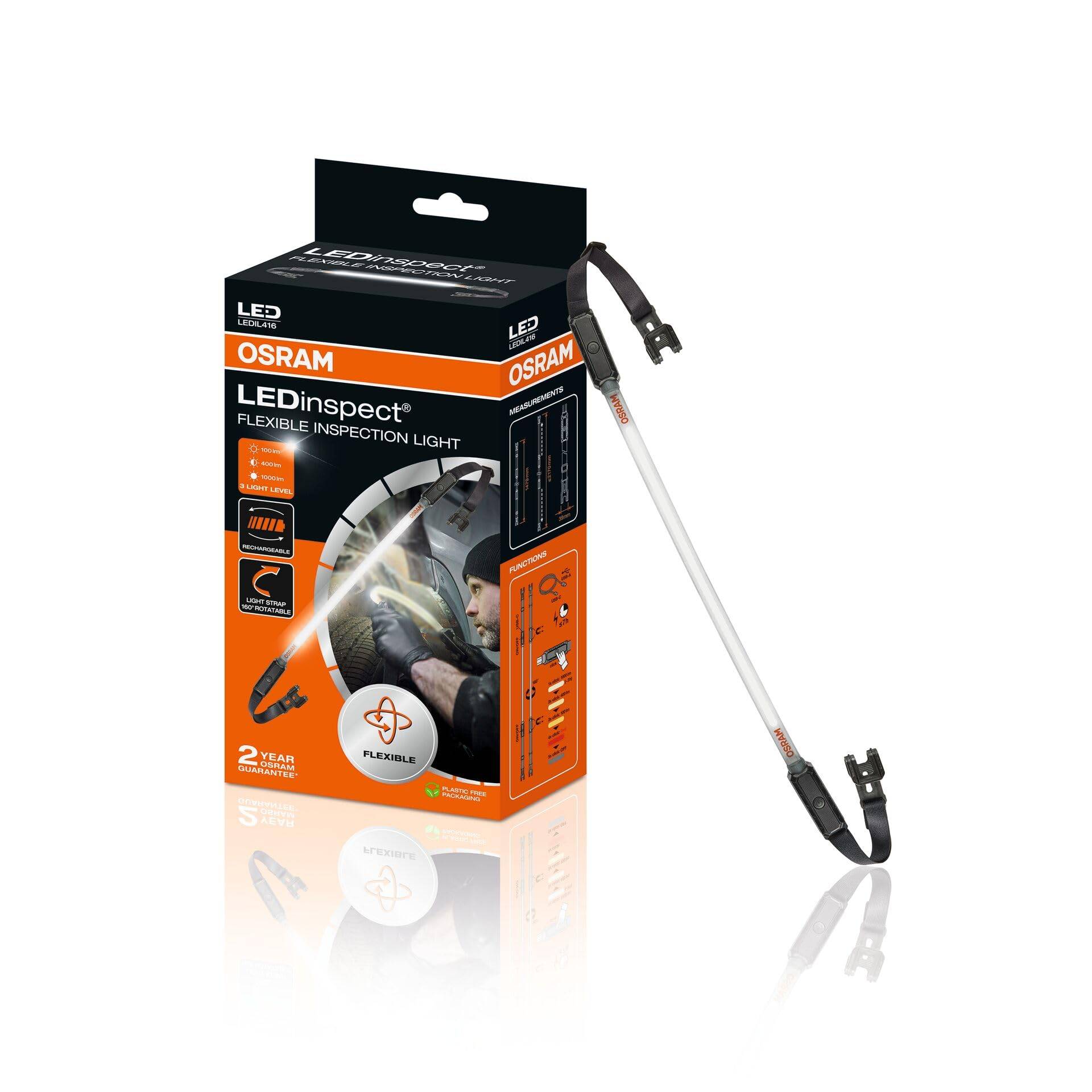 OSRAM LEDinspect FLEXIBLE INSPECTION LIGHT, wiederaufladbare LED-Inspektionsleuchte, 6000K, Helligkeit bis zu 1000lm, abnehmbare elastische Bänder von Osram