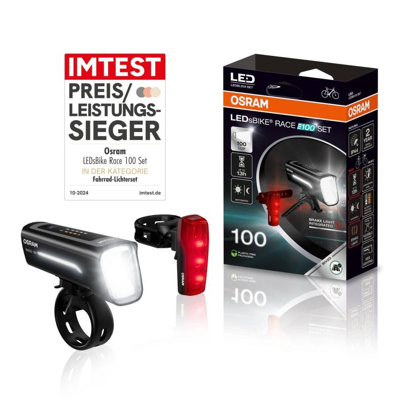 OSRAM LEDsBIKE Race 100 Set, wiederaufladbares Fahrradlichtset, StVZO-zugelassenes Front- und Rück-LED-Lichtset mit Bremslicht, Mehrere Beleuchtungsmodi, DREI Helligkeitsstufen, 100 Lux von Osram