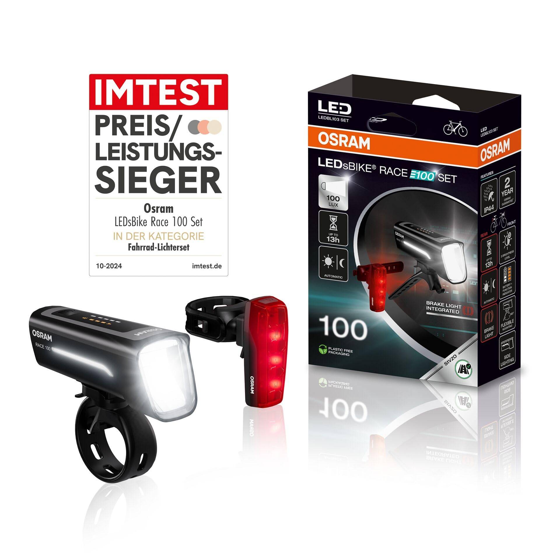 OSRAM LEDsBIKE Race 100 Set, wiederaufladbares Fahrradlichtset, StVZO-zugelassenes Front- und Rück-LED-Lichtset mit Bremslicht, Mehrere Beleuchtungsmodi, DREI Helligkeitsstufen, 100 Lux von Osram