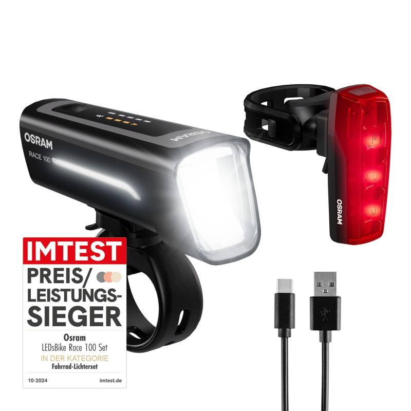 OSRAM LEDsBIKE Race 100 Set, wiederaufladbares Fahrradlichtset, StVZO-zugelassenes Front- und Rück-LED-Lichtset mit Bremslicht, Mehrere Beleuchtungsmodi, DREI Helligkeitsstufen, 100 Lux von Osram