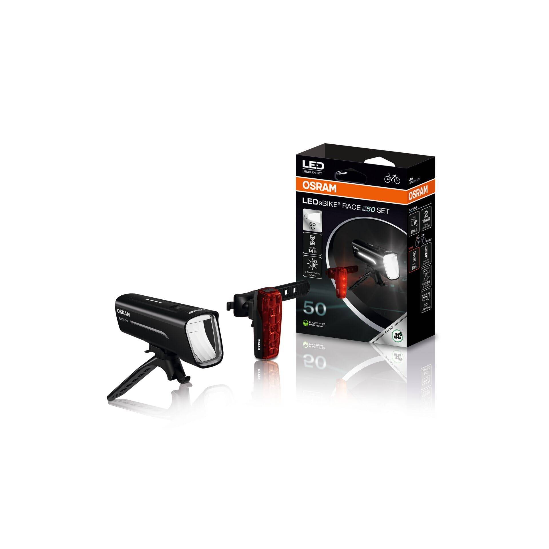 OSRAM LEDsBIKE Race 50 Set, wiederaufladbares Fahrradlichtset, StVZO-zugelassenes Front- und Rück-LED-Lichtset, DREI Helligkeitsstufen, 50 Lux, Black von Osram