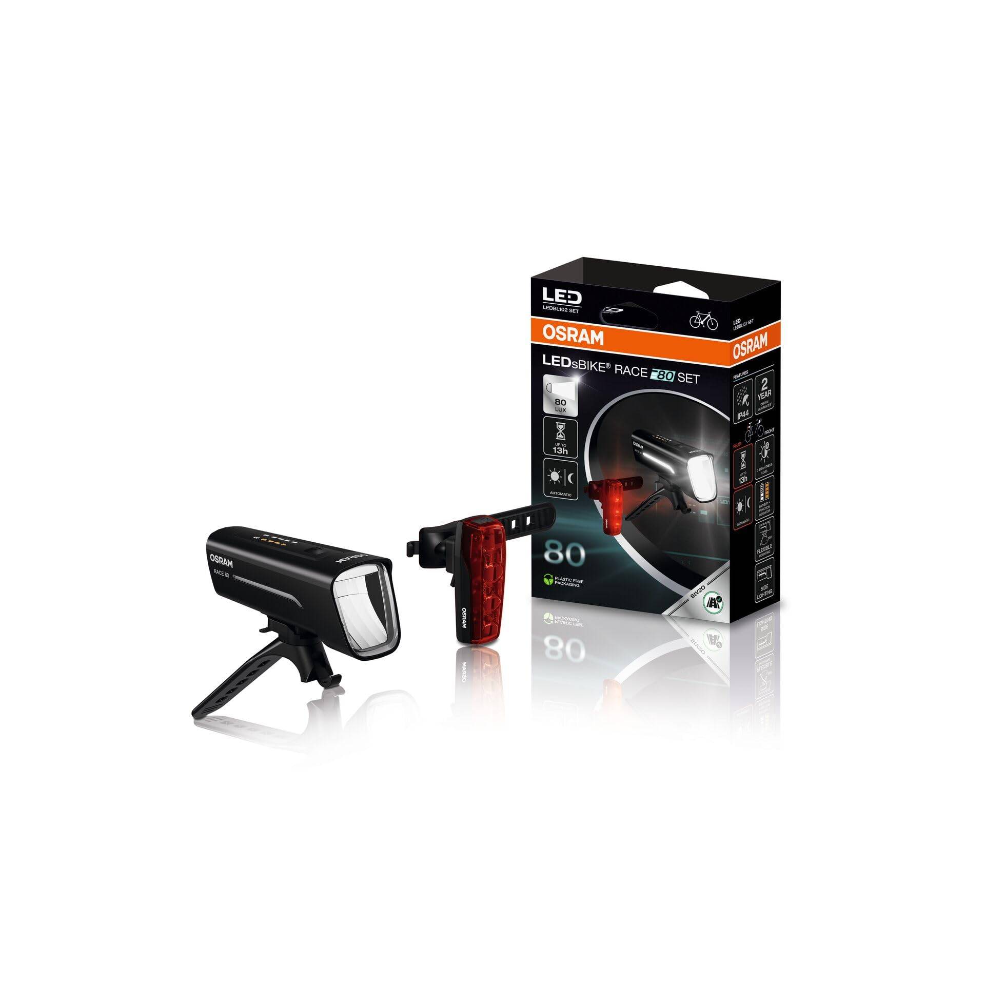 OSRAM LEDsBIKE Race 80 Set, wiederaufladbares Fahrradlichtset, StVZO-zugelassenes Front- und Rück-LED-Lichtset, Mehrere Beleuchtungsmodi, DREI Helligkeitsstufen, 80 Lux von Osram