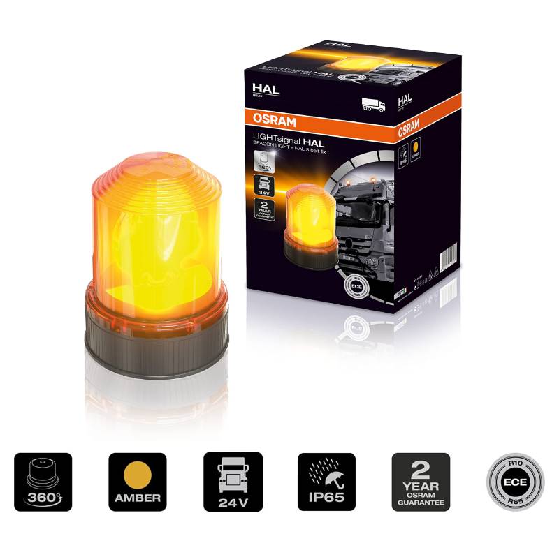 OSRAM LIGHTsignal HALOGEN BEACON LIGHT, Rundumleuchte 360°, gelbe Blinkleuchte, straßenzugelassene Warnleuchte für LKW und Nutzfahrzeuge mit 3-Bolzen-Befestigung von Osram