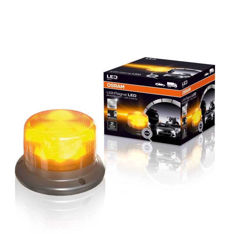 OSRAM LIGHTsignal LED BEACON LIGHT, LED-Rundumleuchte 360°, gelbe Blinkleuchte, straßenzugelassene Warnleuchte für PKW, LKW und Nutzfahrzeuge mit 3-Bolzen-Befestigung, Gelb/Orange von Osram