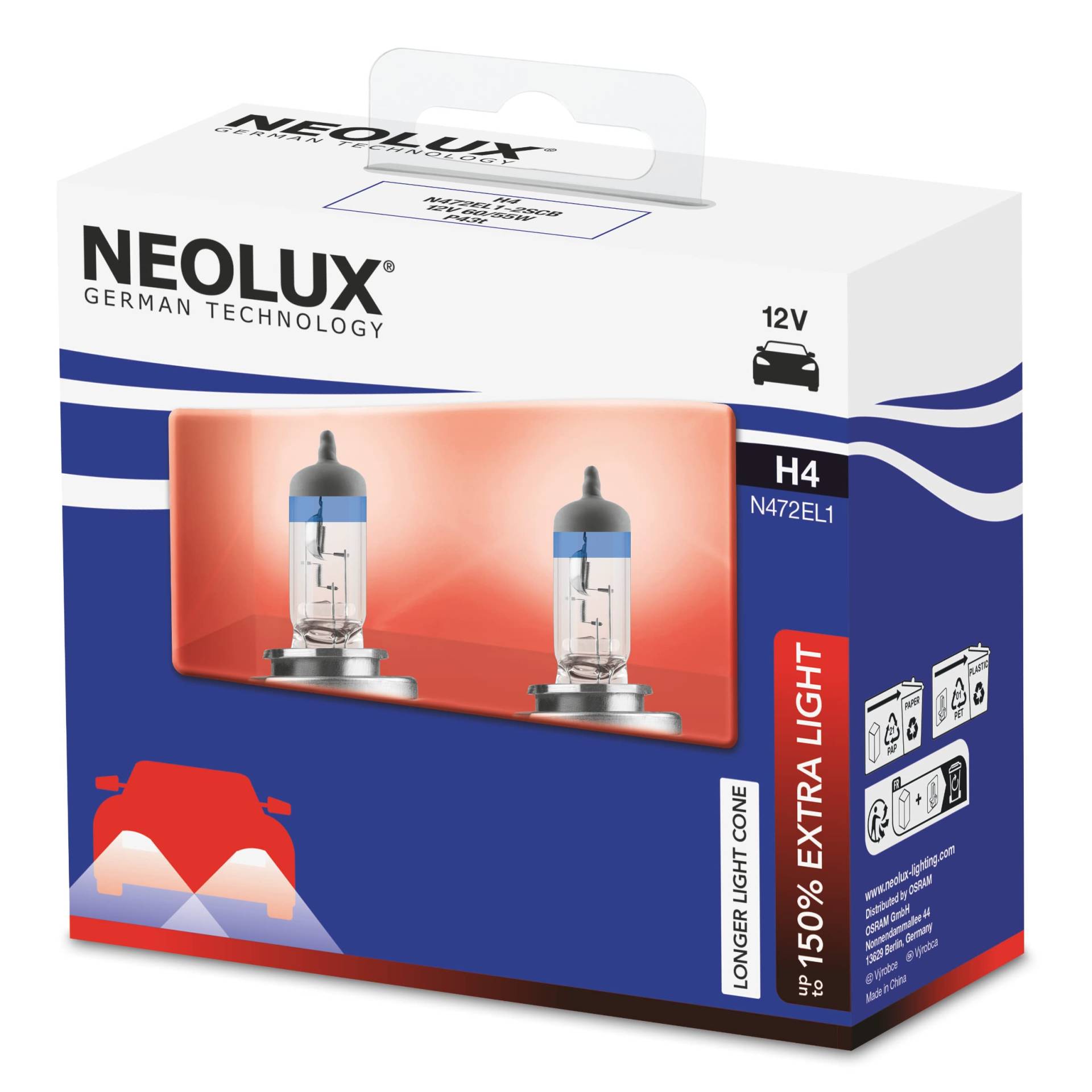 OSRAM NEOLUX 150% Extra Light H4, Halogen-Scheinwerfer, N472EL1-2SCB, 12 V, 60/55 W, Softcover-Box (2 Lampen) von Osram