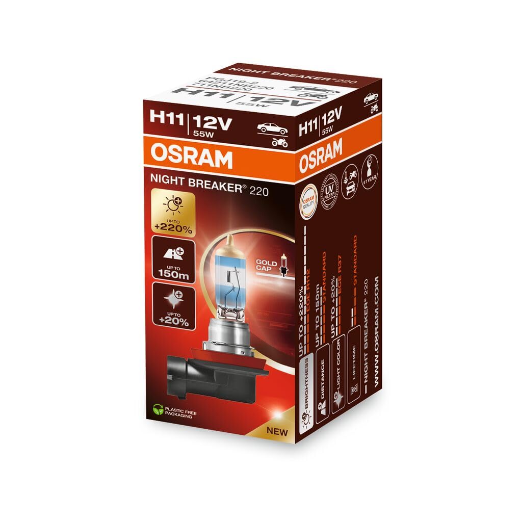 OSRAM NIGHT BREAKER 220, H11, +220% mehr Helligkeit, Halogen-Scheinwerferlampe, 64211NB220, Faltschachtel (1 Lampe) von Osram