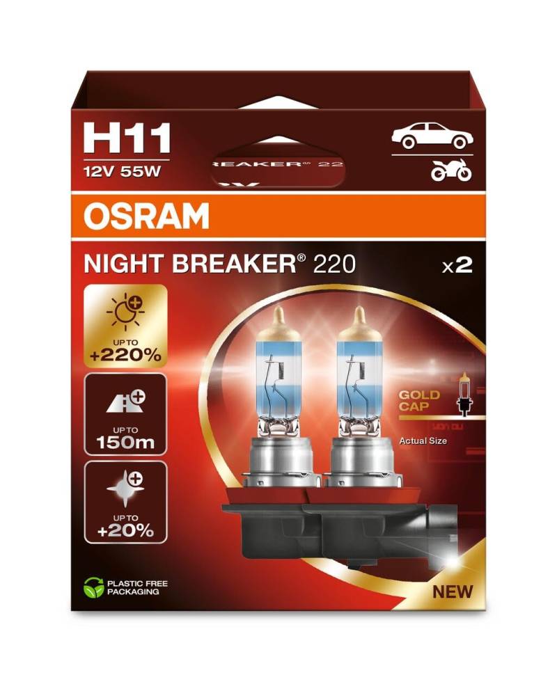 OSRAM NIGHT BREAKER 220, H11, 220% mehr Helligkeit, Halogen-Scheinwerferlampe, 64211NB220-2HB, Faltschachtel (2 Lampen), white von Osram