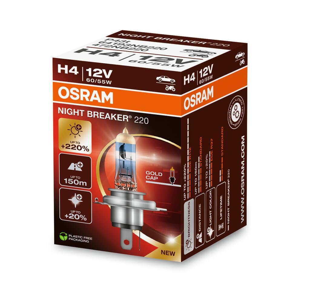 OSRAM NIGHT BREAKER 220, H4, 220% mehr Helligkeit, Halogen-Scheinwerferlampe, 64193NB220, Faltschachtel (1 Lampe), White von Osram