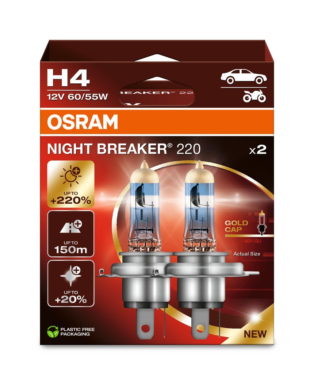 OSRAM NIGHT BREAKER 220, H4, 220% mehr Helligkeit, Halogen-Scheinwerferlampe, 64193NB220, Faltschachtel (2 Lampen), white von Osram