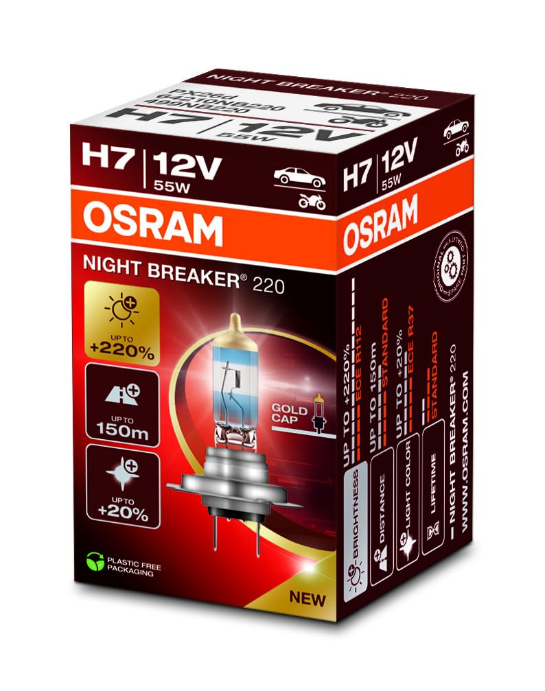 OSRAM NIGHT BREAKER 220, H7, +220% mehr Helligkeit, Halogen-Scheinwerferlampe, 64210NB220, Faltschachtel (1 Lampe), white von Osram