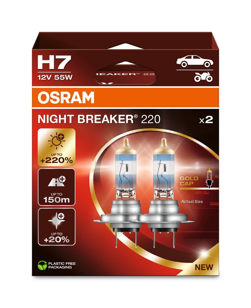 OSRAM NIGHT BREAKER 220, H7, 220% mehr Helligkeit, Halogen-Scheinwerferlampe, 64210NB220-2HB, Faltschachtel (2 Lampen) von Osram