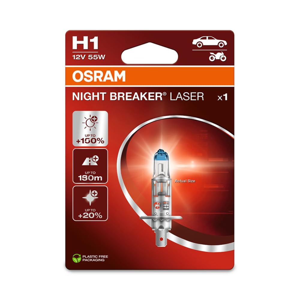 OSRAM NIGHT BREAKER LASER H1, +150% mehr Helligkeit, Halogen-Scheinwerferlampe, 64150NL-1BL, 12V PKW, Blister (1 Lampe), white von Osram