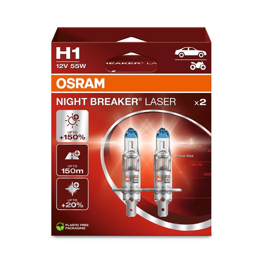 OSRAM NIGHT BREAKER LASER H1, +150% mehr Helligkeit, Halogen-Scheinwerferlampe, 64150NL-2HB, 12V PKW, Hängebox (2 Lampen), white von Osram