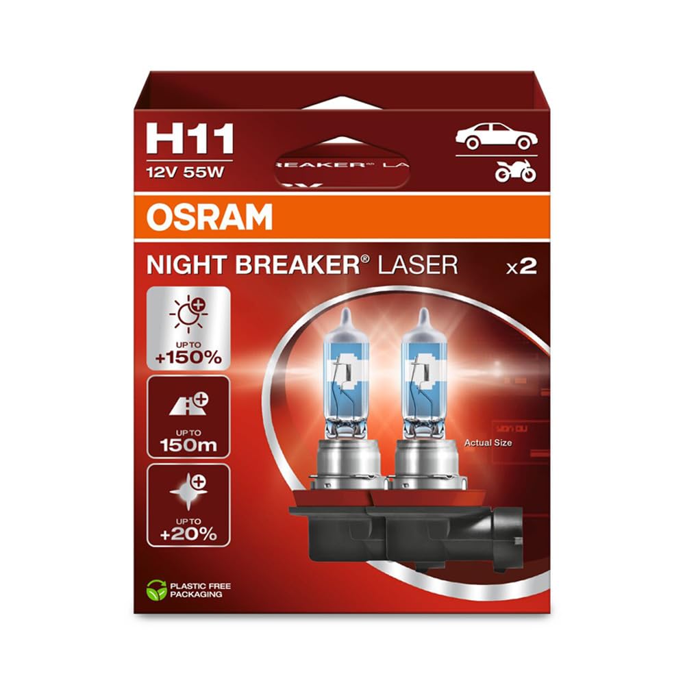 OSRAM NIGHT BREAKER LASER H11, 150% mehr Helligkeit, Halogen-Scheinwerferlampe, 64211NL-2HB, 12V PKW, Hängebox (2 Lampen), white von Osram