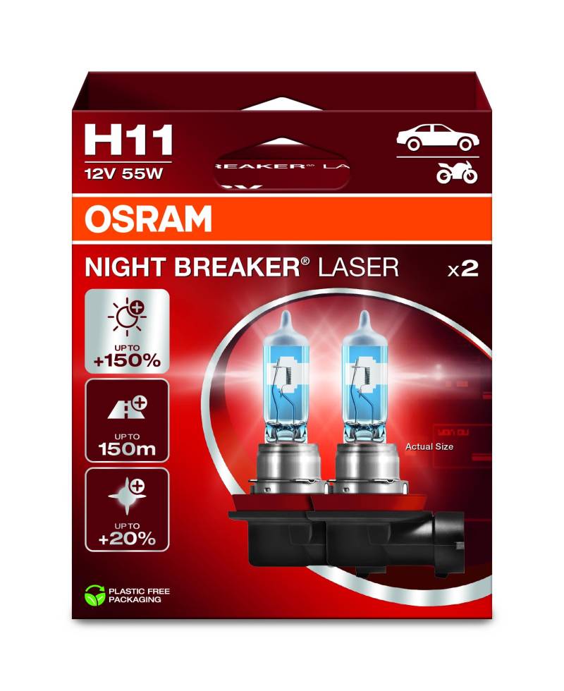 Osram NIGHT BREAKER LASER H11, 150% mehr Helligkeit, Halogen-Scheinwerferlampe, 64211NL-2HB, 12V PKW, Hängebox (2 Lampen), white von Osram