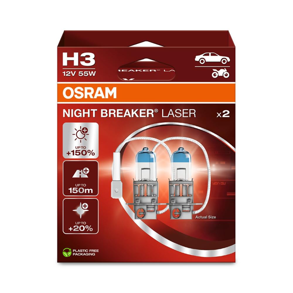 OSRAM NIGHT BREAKER LASER H3, 150% mehr Helligkeit, Halogen-Scheinwerferlampe, 64151NL-2HB, 12V PKW, Hängebox (2 Lampen), white von Osram