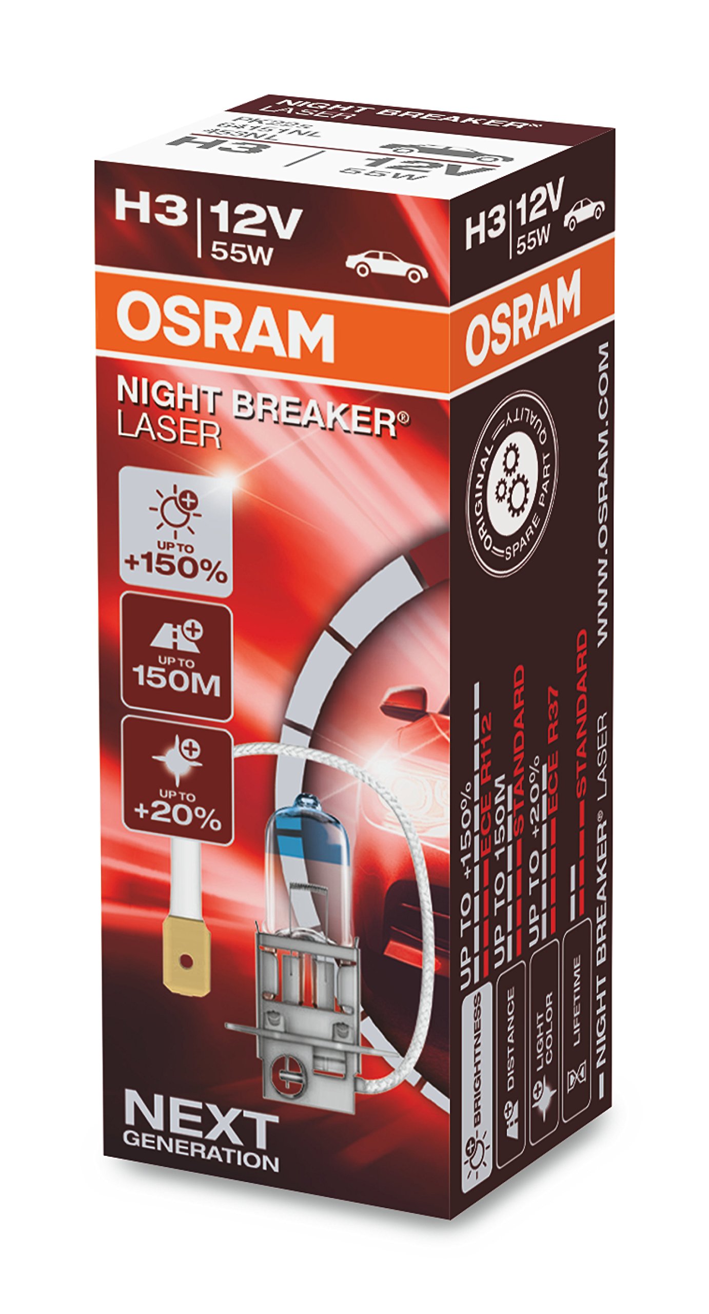 OSRAM NIGHT BREAKER LASER H3, +150% mehr Helligkeit, Halogen-Scheinwerferlampe, 64151NL, 12V PKW, Faltschachtel (1 Lampe) von Osram