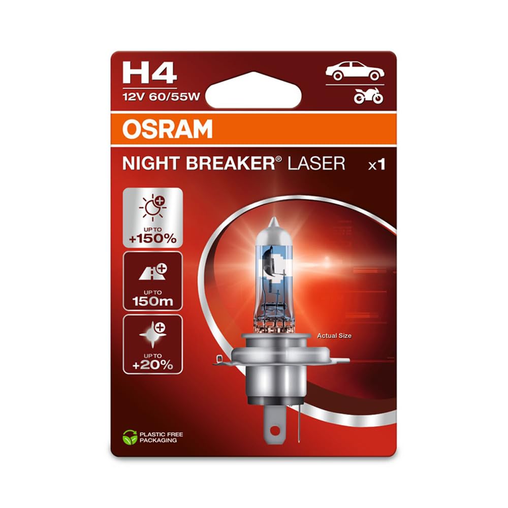 Osram NIGHT BREAKER LASER H4, +150% more brightness, halogen headlight lamp, 64193NL-1BL, 12V, blister (1 lamp) von Osram