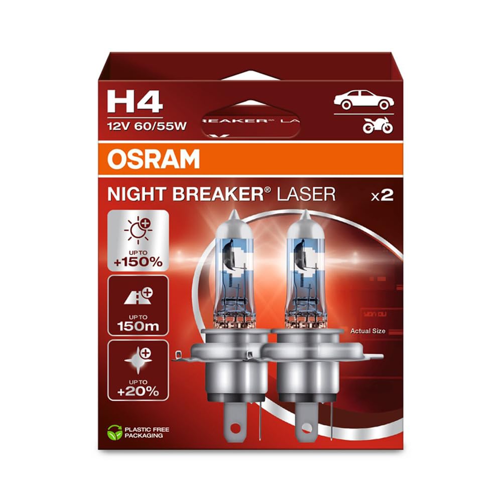 OSRAM NIGHT BREAKER LASER H4, 150% mehr Helligkeit, Halogen-Scheinwerferlampe, 64193NL-2HB, 12V PKW, Hängebox (2 Lampen), white von Osram