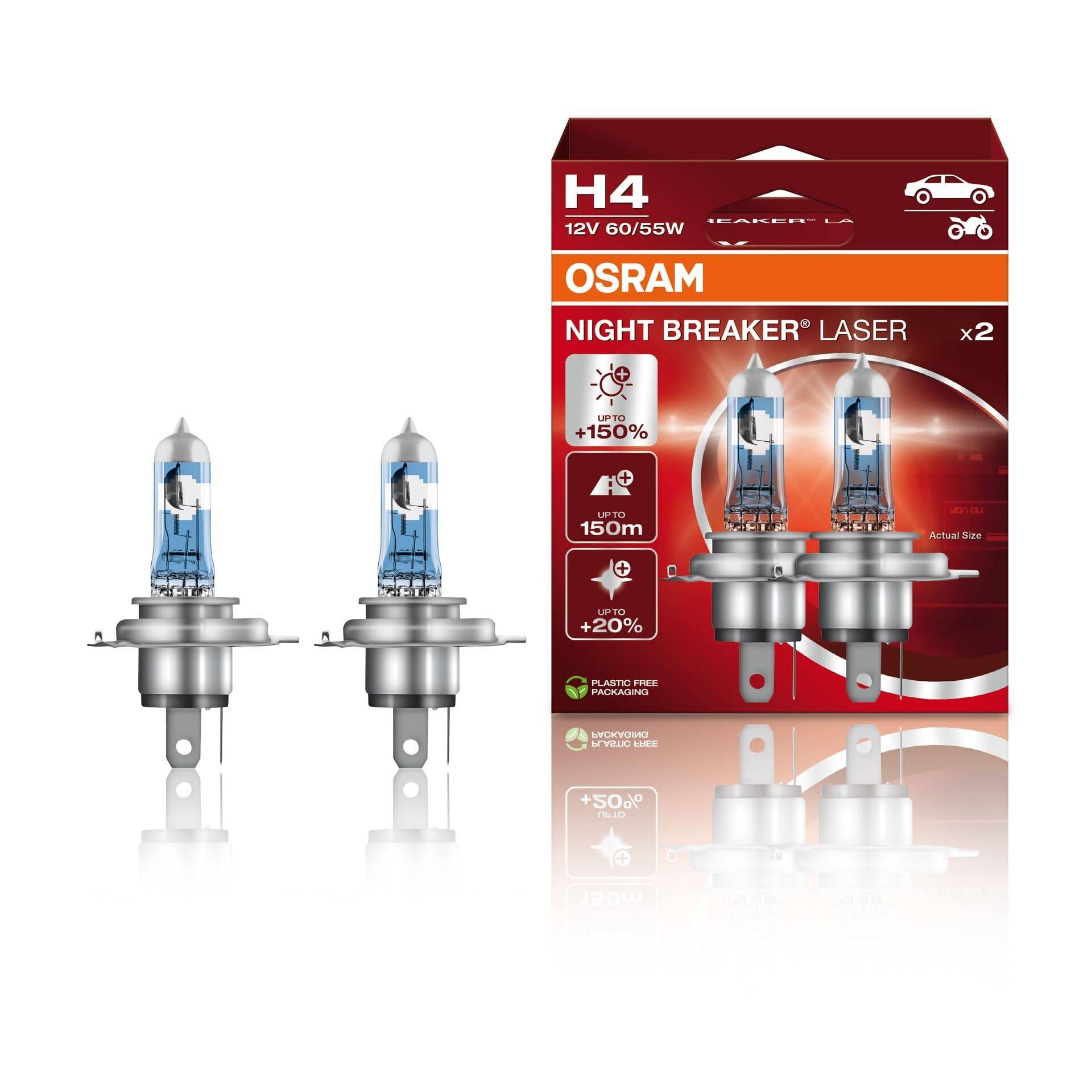 OSRAM NIGHT BREAKER LASER H4, +150% mehr Helligkeit, Halogen-Scheinwerferlampe, 64193NL-HCB, 12V PKW, Duo Box (2 Lampen) von Osram