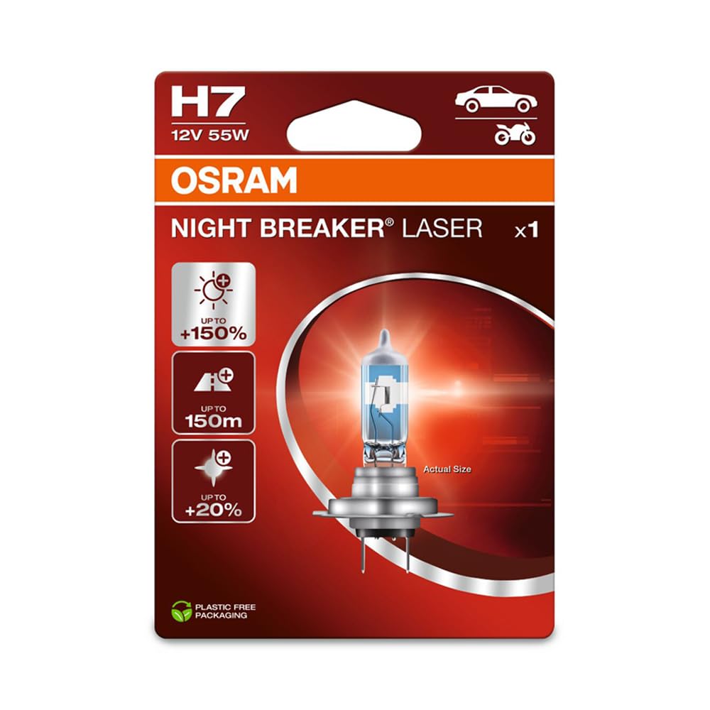 Osram NIGHT BREAKER LASER H7, +150% more brightness, halogen headlight lamp, 64210NL-1BL, 12V, blister (1 lamp), white von Osram