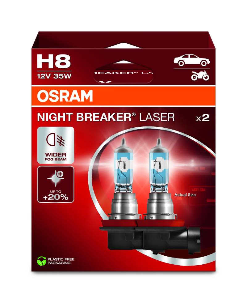 Osram NIGHT BREAKER LASER H8, +150% mehr Helligkeit, Halogen-Scheinwerferlampe, 64212NL-2HB, 12V PKW, Hängebox (2 Lampen), white von Osram