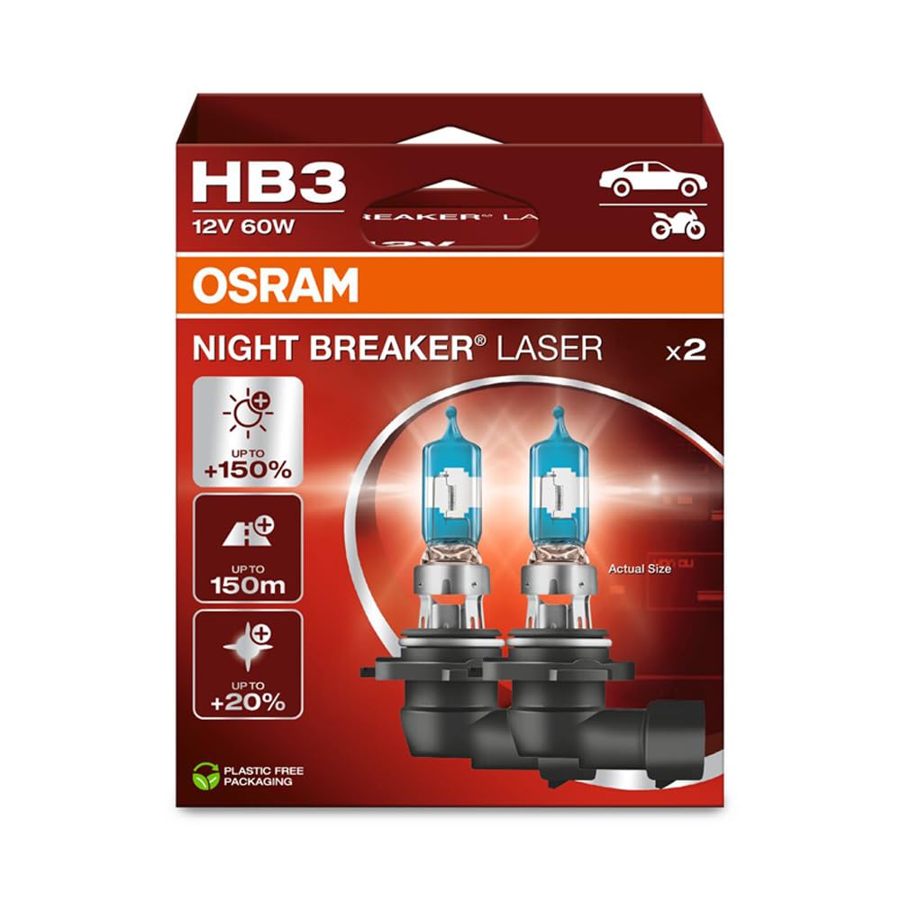 Osram NIGHT BREAKER LASER HB3, +150% mehr Helligkeit, Halogen-Scheinwerferlampe, 9005NL-2HB, 12V PKW, Hängebox (2 Lampen), white von Osram