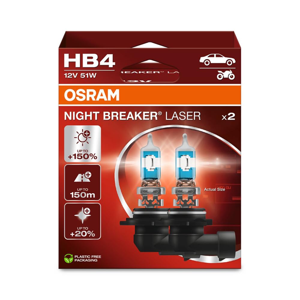 Osram NIGHT BREAKER LASER HB4, 150% mehr Helligkeit, Halogen-Scheinwerferlampe, 9006NL-2HB, 12V PKW, Hängebox (2 Lampen), white von Osram