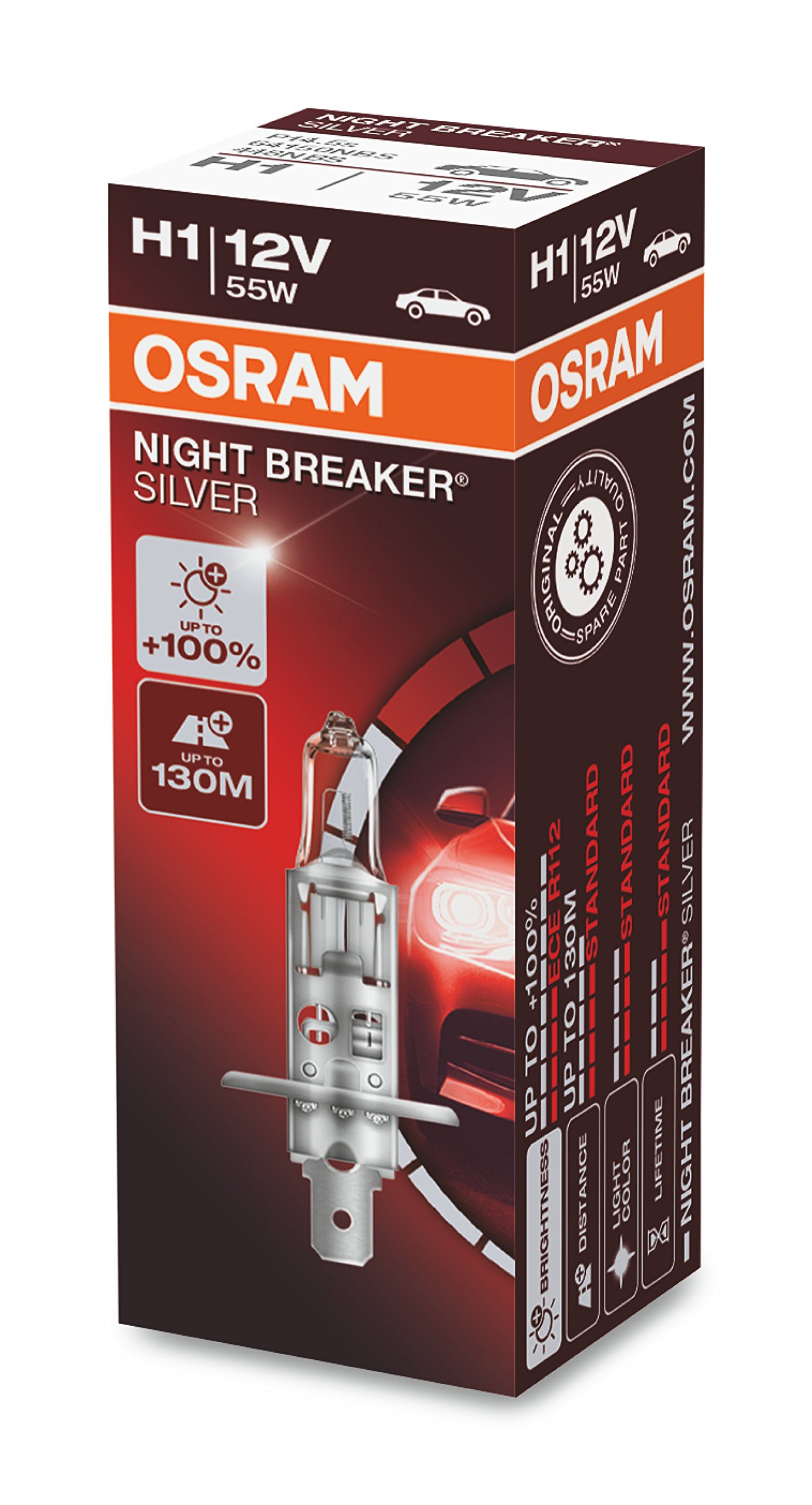 Osram Night Breaker Silver H1, +100% mehr Helligkeit, Halogen-Scheinwerferlampe, 64150NBS, 12V Pkw, Faltschachtel (1 Lampe) von Osram