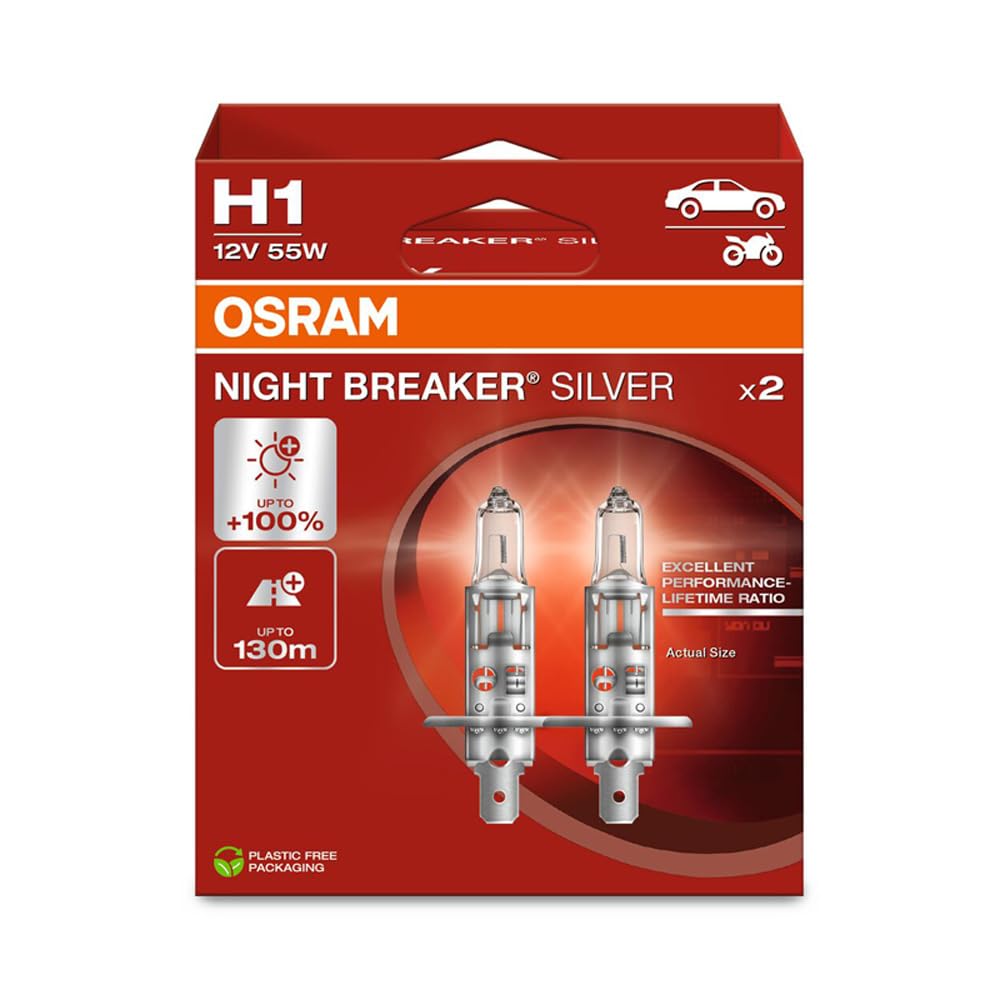 OSRAM Night Breaker Silver H1, +100% mehr Helligkeit, Halogen-Scheinwerferlampe, 64150NBS-2HB, 12V Pkw, Hängebox (2 Lampen) von Osram