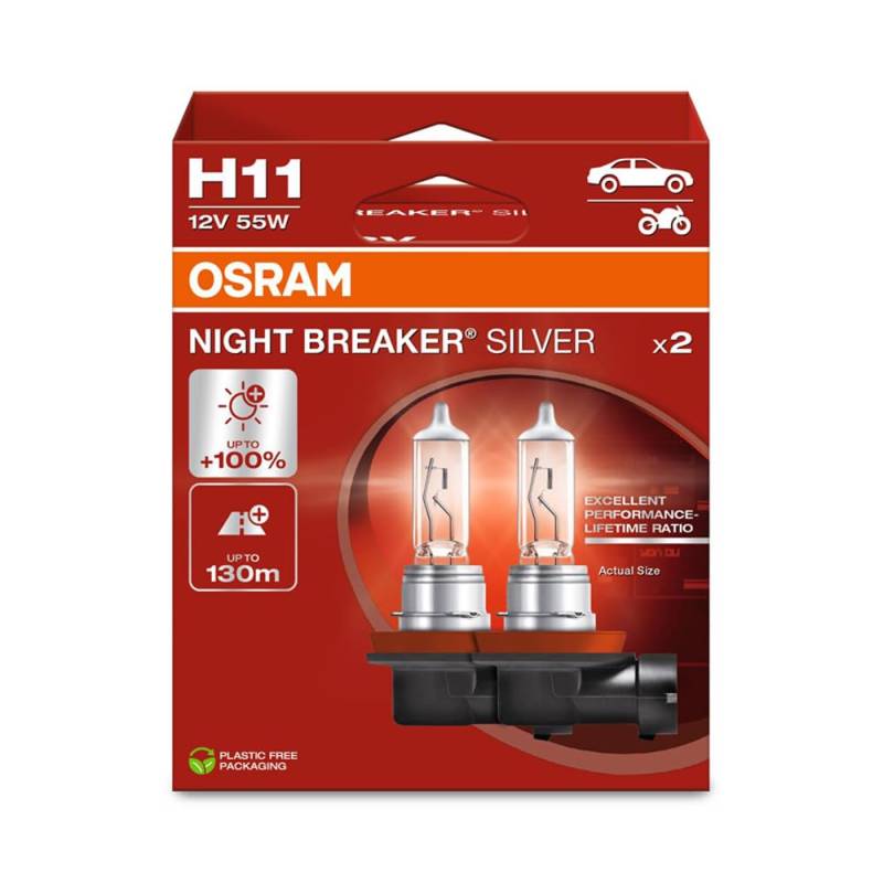 OSRAM Night Breaker Silver H11, +100% mehr Helligkeit, Halogen-Scheinwerferlampe, 64211NBS-2HB, 12V Pkw, Hängebox (2 Lampen) von Osram