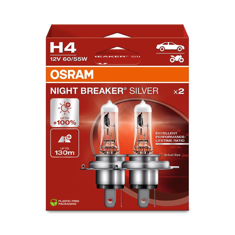 OSRAM Night Breaker Silver H4, +100% mehr Helligkeit, Halogen-Scheinwerferlampe, 64193NBS-2HB, 12V Pkw, Hängebox (2 Lampen) von Osram