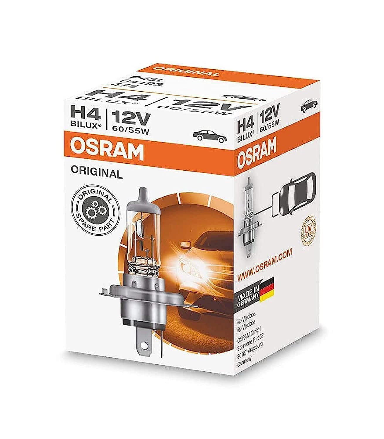 Osram ORIGINAL H4, Halogen-Scheinwerferlampe, 64193, 12V PKW, Faltschachtel (1 Stück), Halogenweiß von Osram