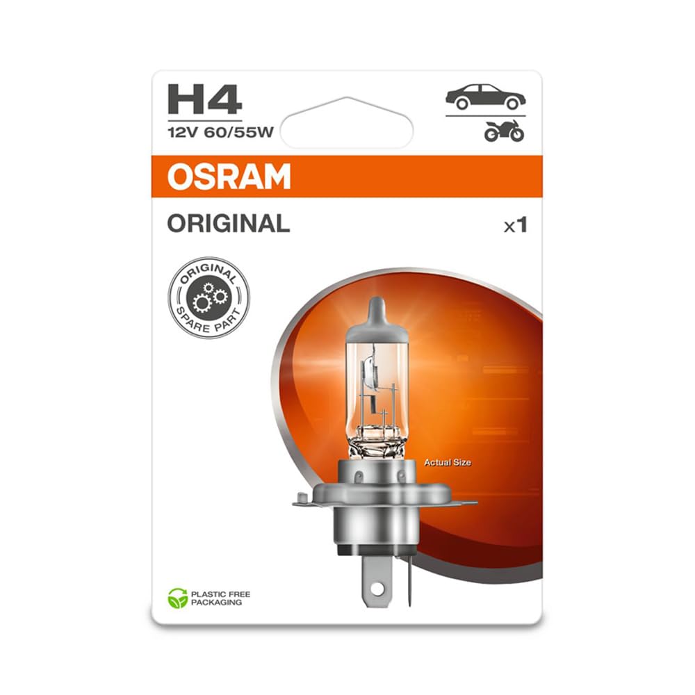 Osram ORIGINAL H4, Halogen-Scheinwerferlampe, 64193-1BL, 12V PKW, Einzelblister (1 Stück), white von Osram