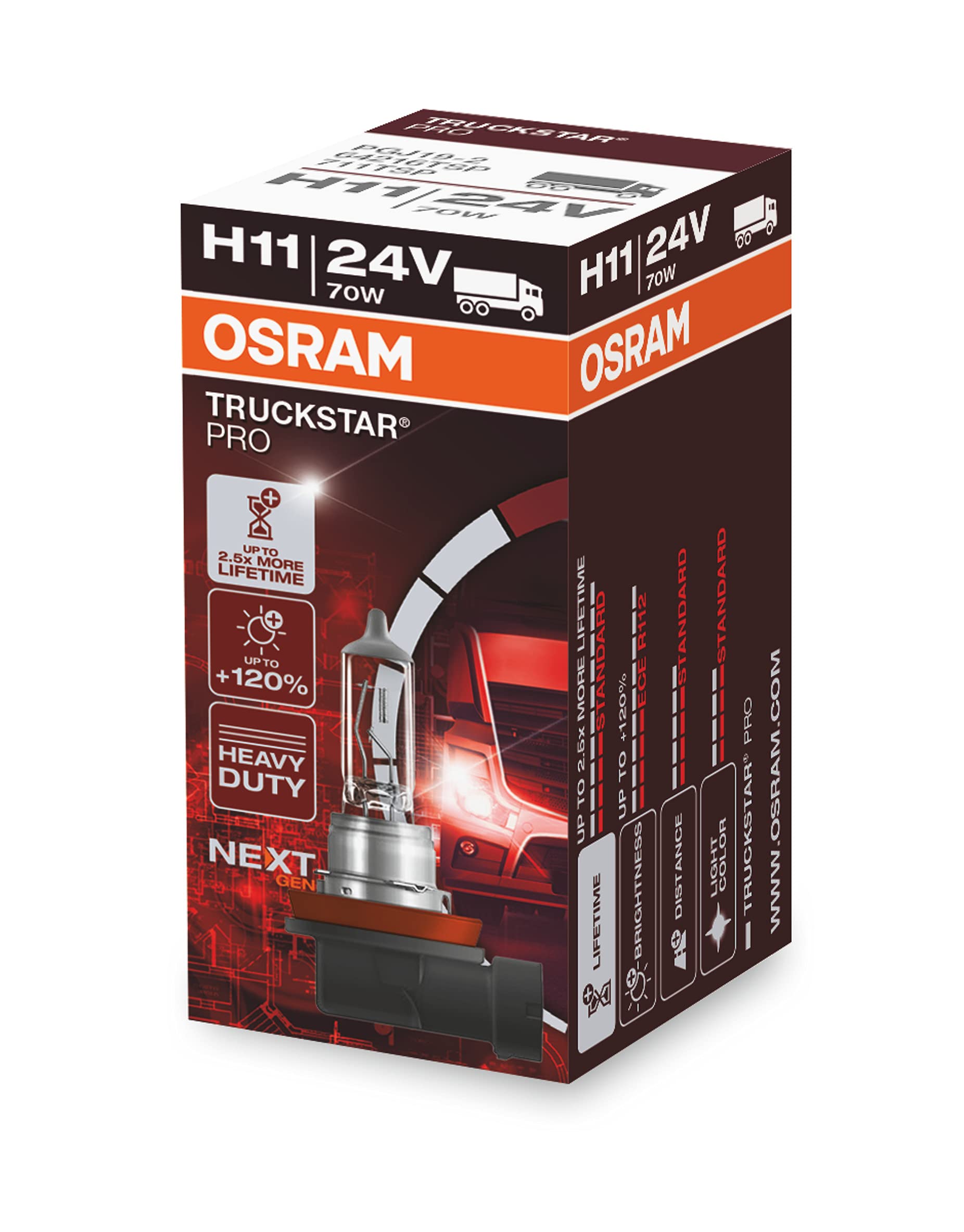 OSRAM TRUCKSTAR® PRO H11, 120% mehr Helligkeit, Halogen-Scheinwerferlampe, 64216TSP, 24V LKW Lampe, Faltschachtel (1 Lampe) von Osram