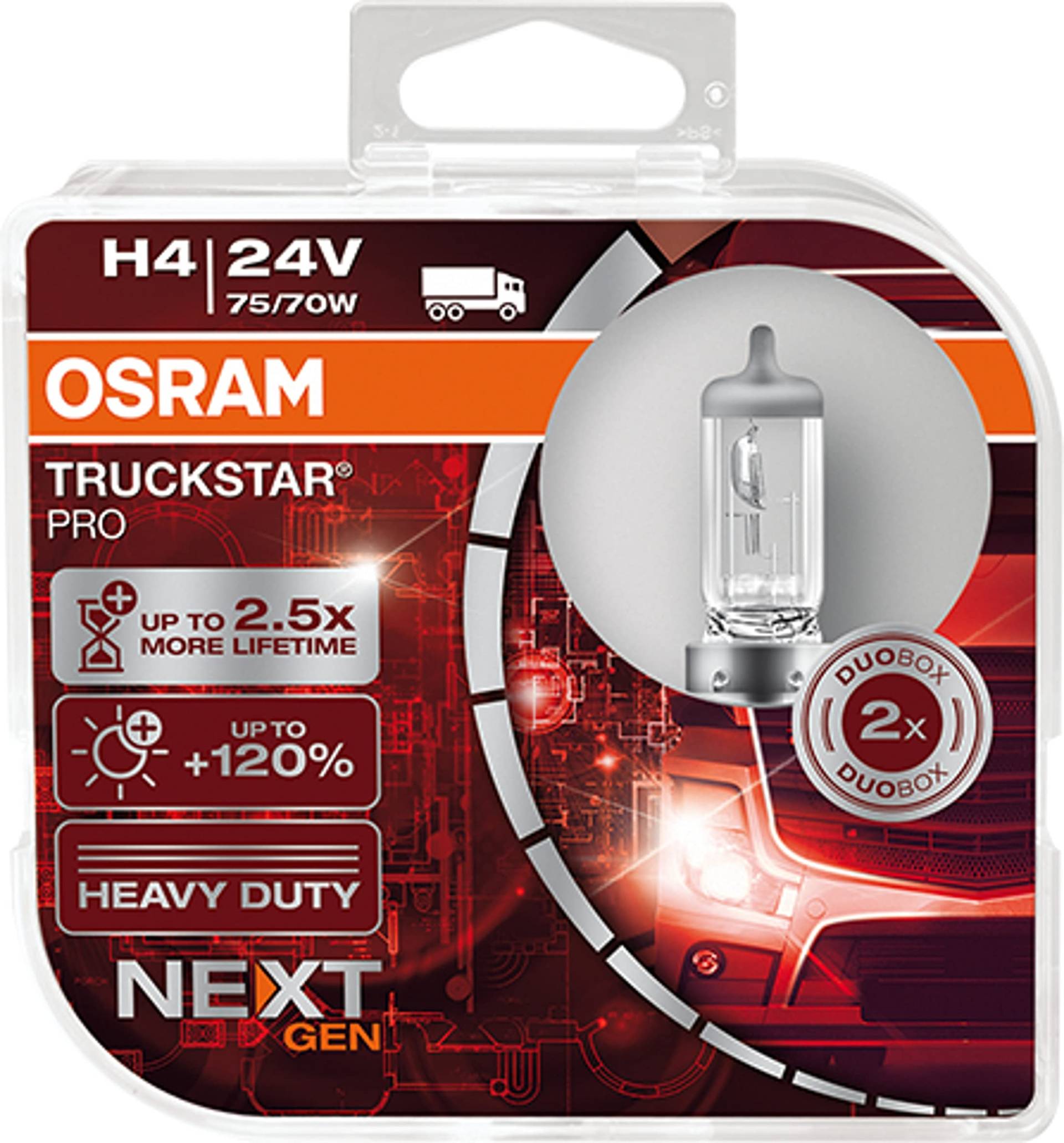 OSRAM 64196TSP-HCB Truckstar PRO H4, +120 Prozent mehr Helligkeit, Halogen-Scheinwerferlampe, 24V LKW Lampe, Duo Box (2 Lampen), Silber, Duo Box von Osram