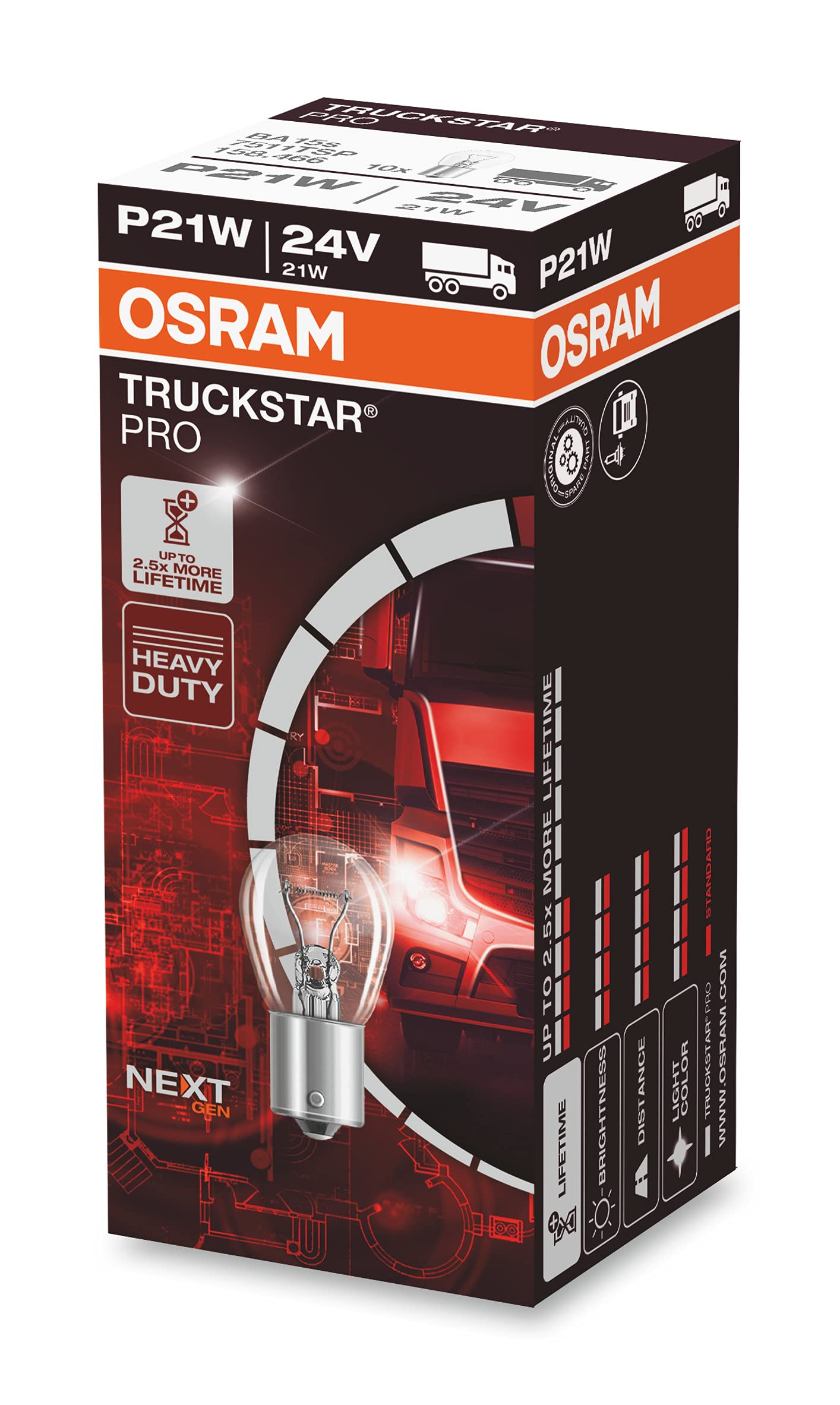 OSRAM TRUCKSTAR® PRO P21W, +120% mehr Helligkeit, Halogen-Signallampe, 7511TSP, 24V LKW Lampe, Faltschachtel (10 Lampen) von Osram